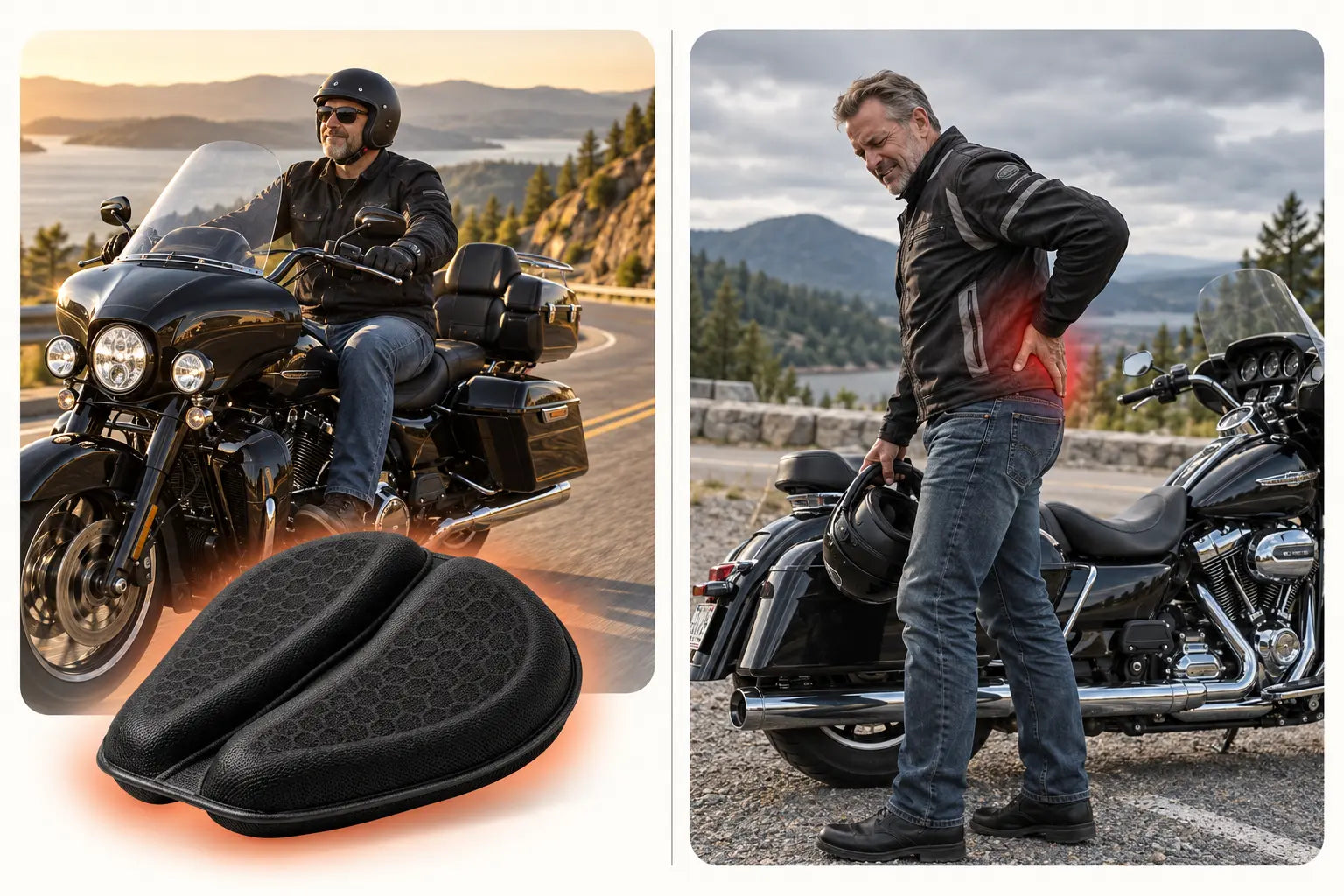 A comfortable touring rider and a stopped rider holding his lower back, contrasted beside one prominent black gel motorcycle-seat cushion cutout