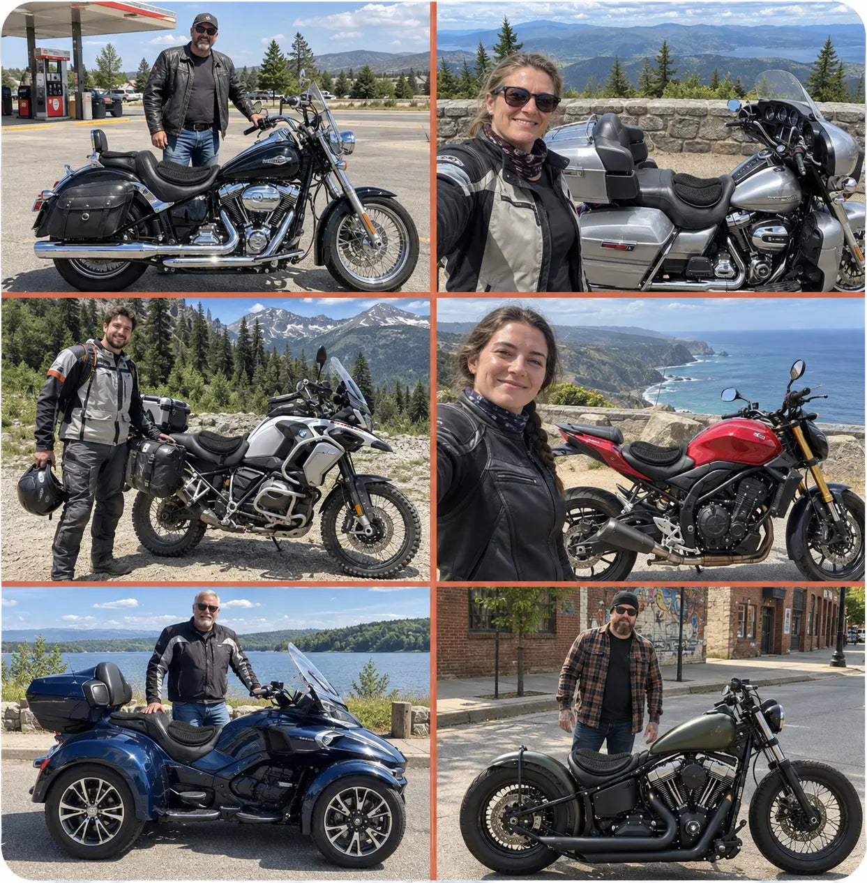 Six fictional riders showing the gel cushion on cruiser, touring, adventure, sport, three-wheel and custom motorcycles