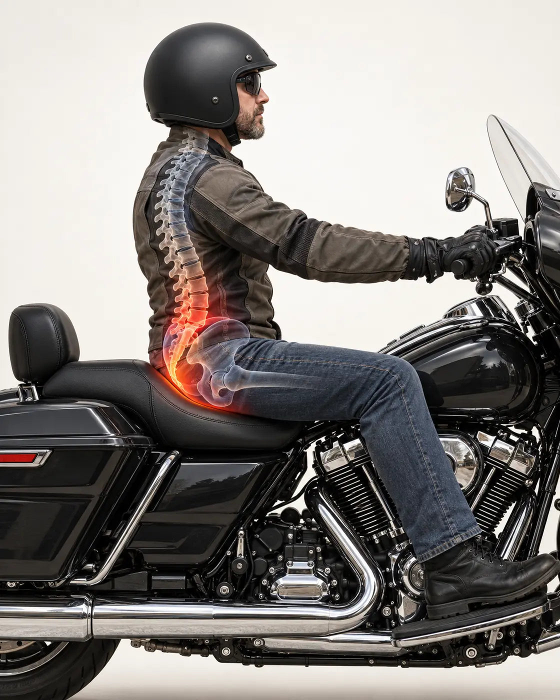 Illustrative side view of a motorcyclist with the lower-back and seat-pressure area highlighted