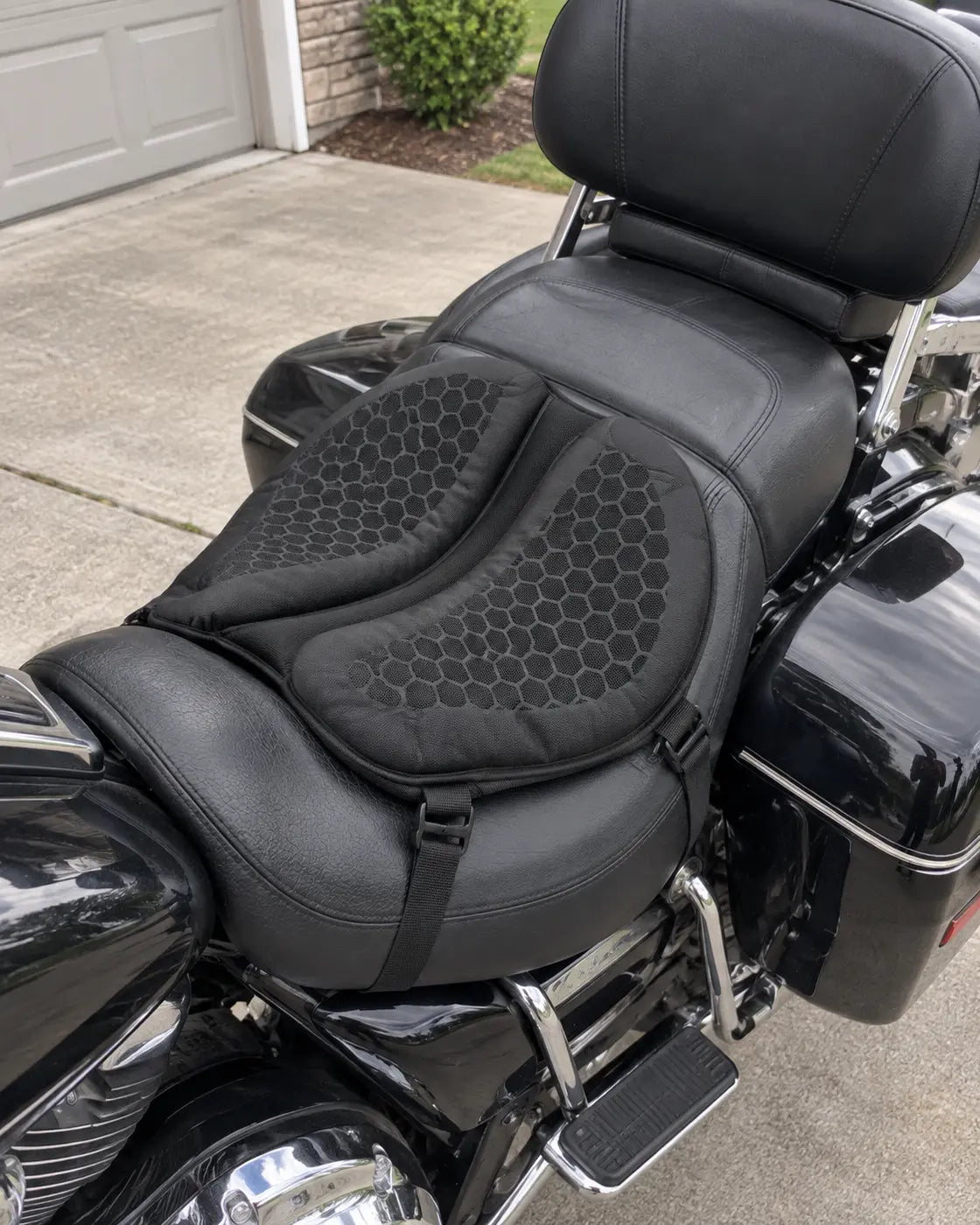Gel motorcycle seat cushion installed on a touring seat