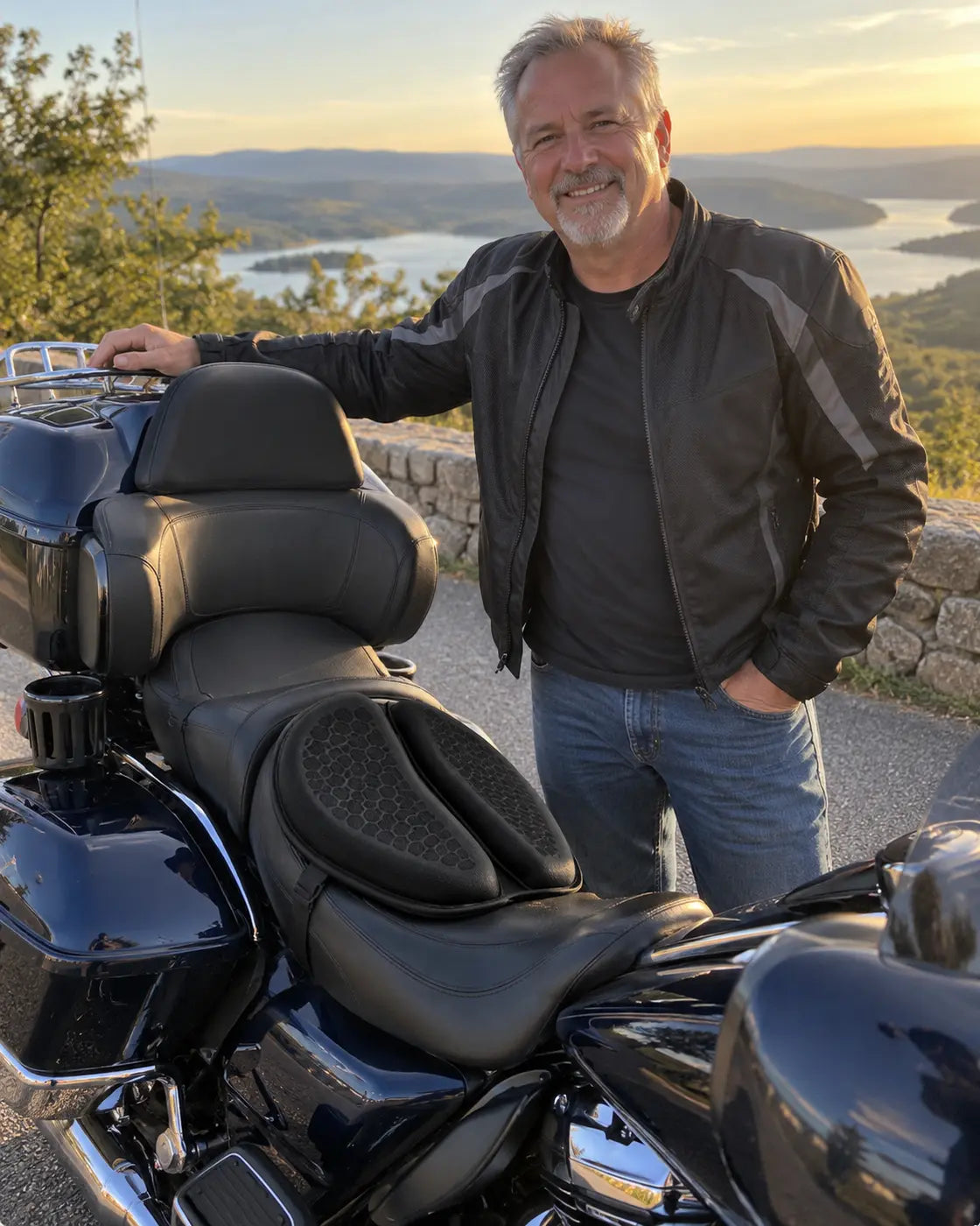 Fictional touring rider beside a motorcycle fitted with a gel cushion